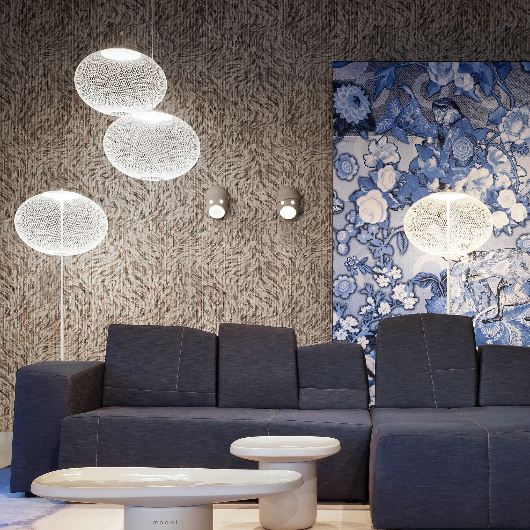 Modern living room with decorative wall art, and white NR2 floor lamp.