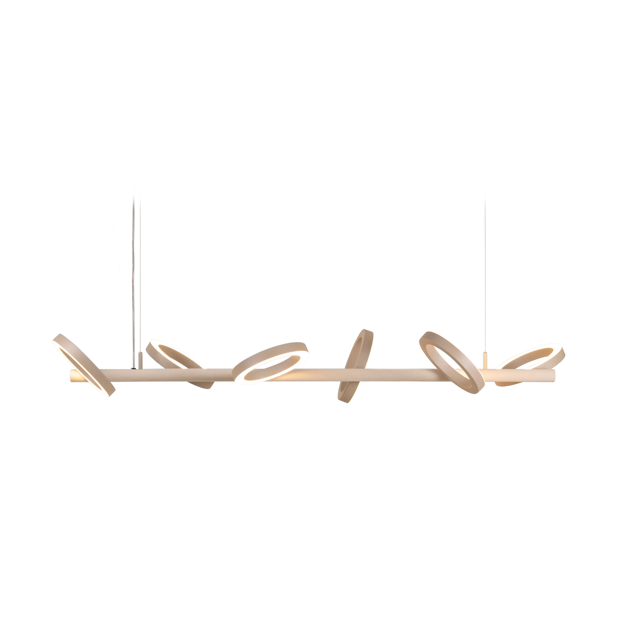 Moooi's Pallana pendant light has a playful design, matte textured rings and knitted fabric