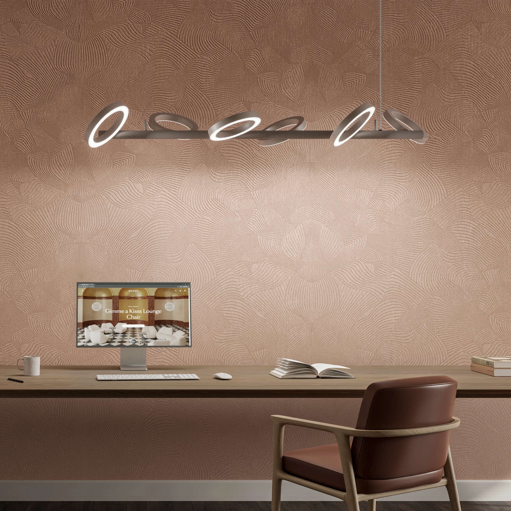 Modern office setup with a desk, chair, computer monitor, and Pallana Suspension Light.