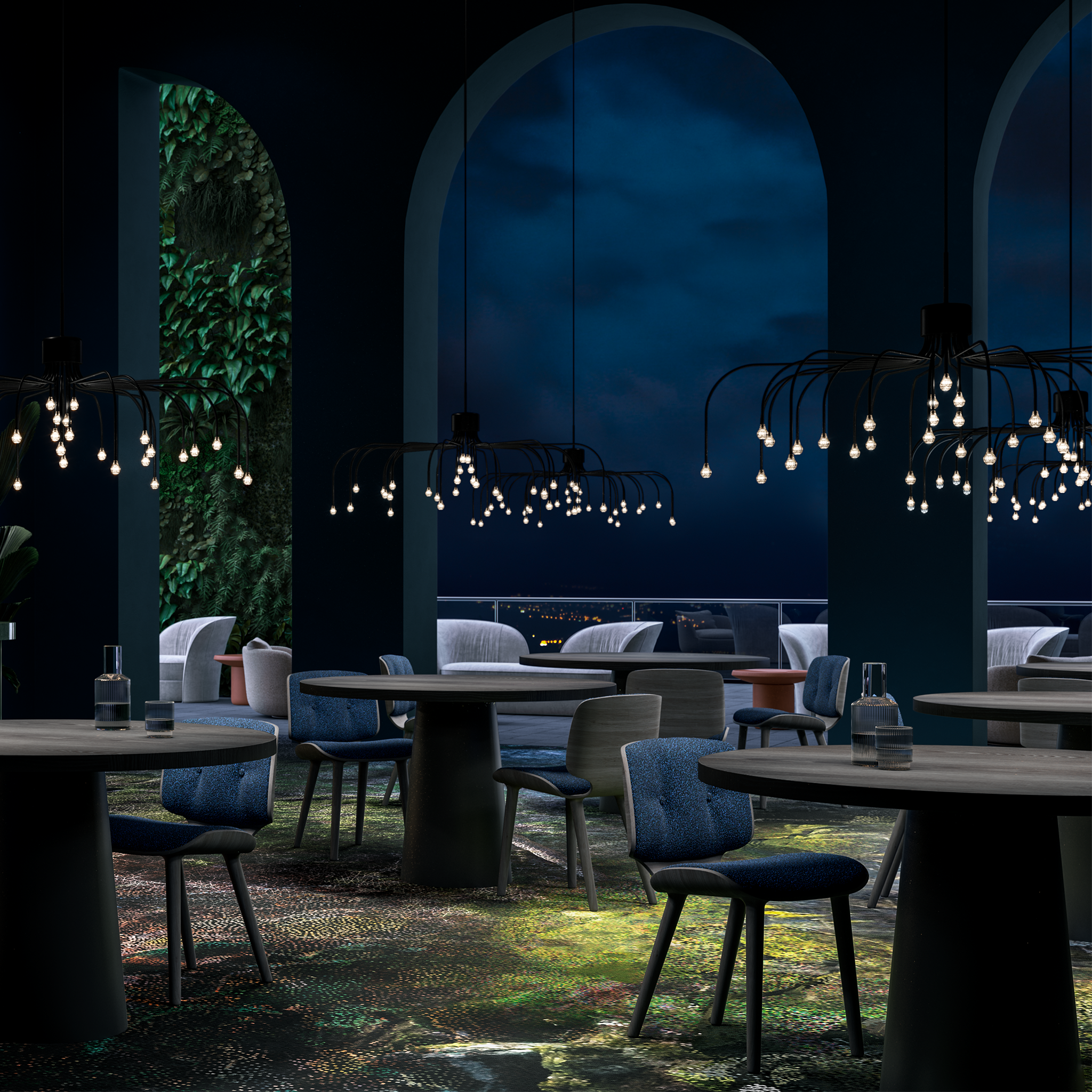 Luxury dining area with tables and chairs under Moooi Starfall pendant system.