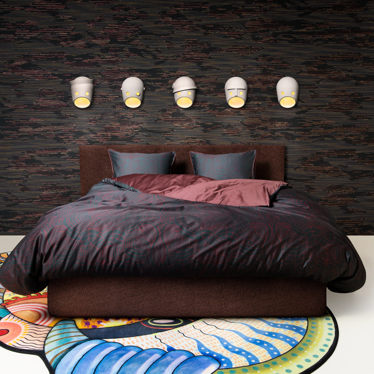 Bedroom with dark wall with Party Wall Light collection and colorful rug.