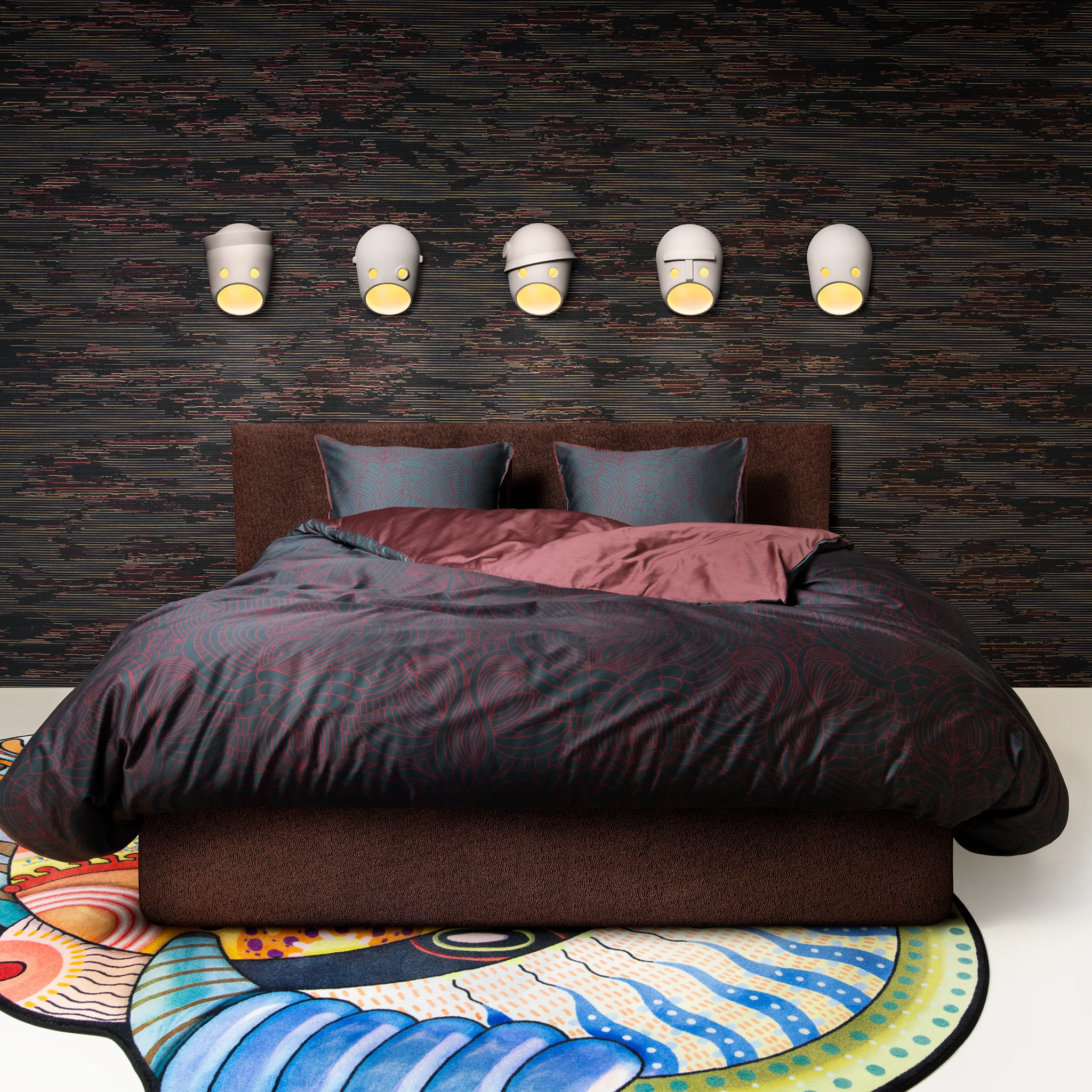 Bedroom with dark wall with Party Wall Light collection and colorful rug.