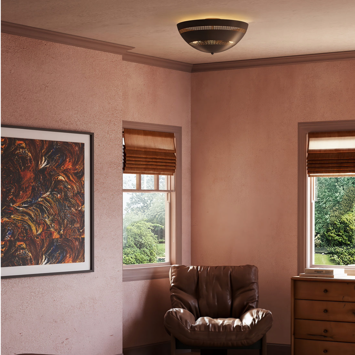 Overland flush mount ceiling mounted in a cozy living room corner