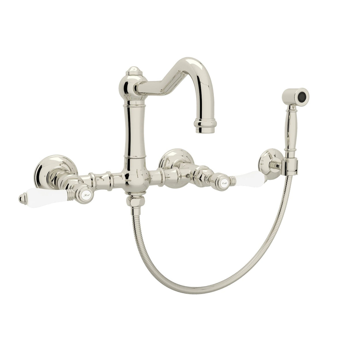 ACQUI® WALL MOUNT BRIDGE KITCHEN FAUCET WITH SIDESPRAY AND COLUMN SPOUT (PORCELAIN LEVER HANDLE) - robinsonco.ca