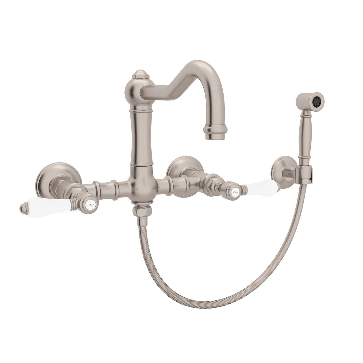 ACQUI® WALL MOUNT BRIDGE KITCHEN FAUCET WITH SIDESPRAY AND COLUMN SPOUT (PORCELAIN LEVER HANDLE) - robinsonco.ca