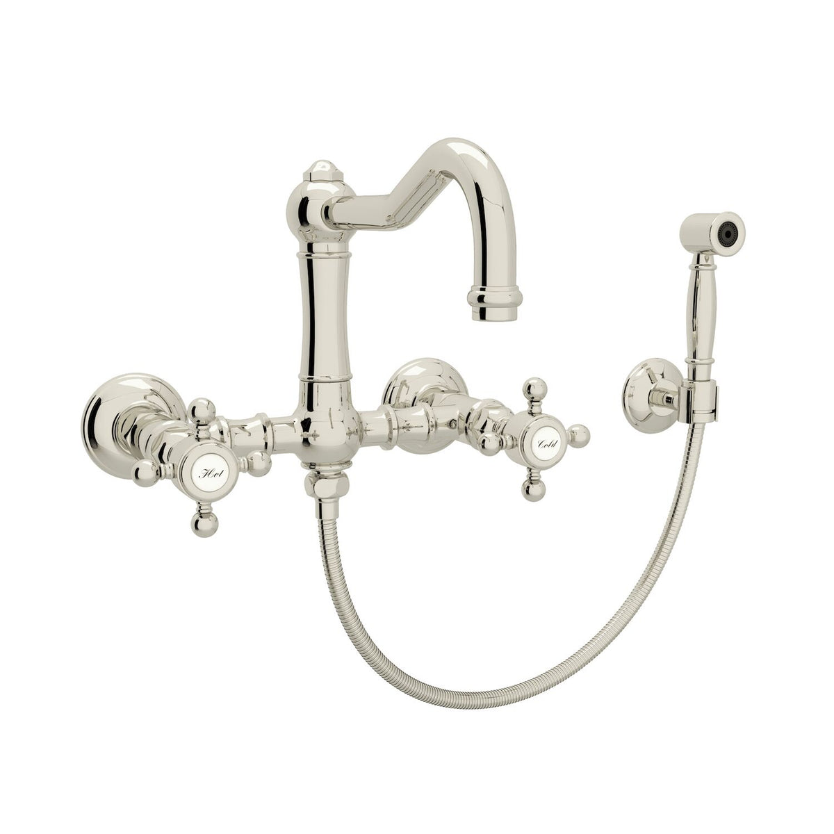 ACQUI® WALL MOUNT BRIDGE KITCHEN FAUCET WITH SIDESPRAY AND COLUMN SPOUT (CROSS HANDLE) - robinsonco.ca