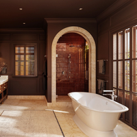 MANIFESTO™ THERMOSTATIC SINGLE HOLE FLOOR MOUNT TUB FILLER TRIM shown on bathtub in large bathroom.