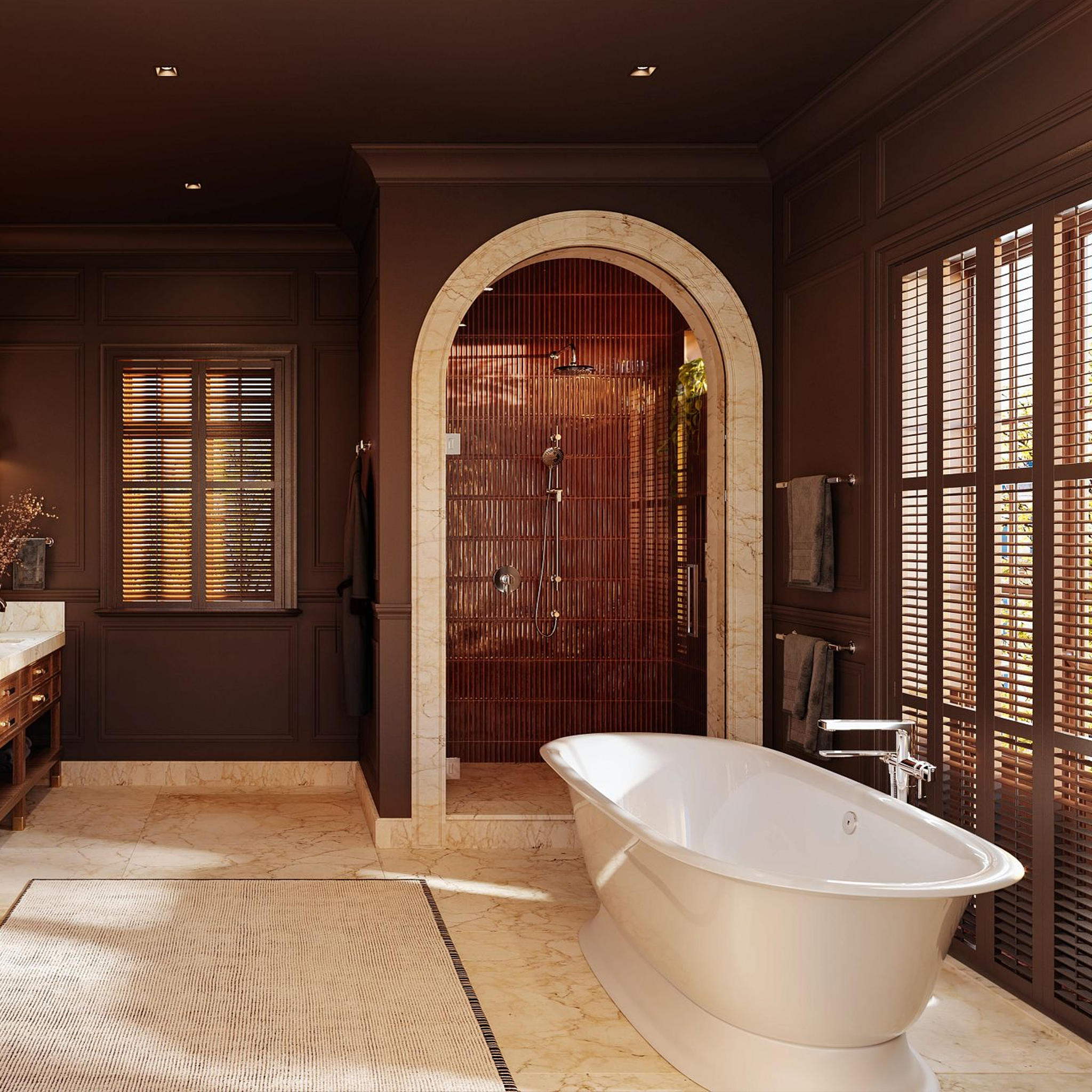 MANIFESTO™ THERMOSTATIC SINGLE HOLE FLOOR MOUNT TUB FILLER TRIM shown on bathtub in large bathroom.