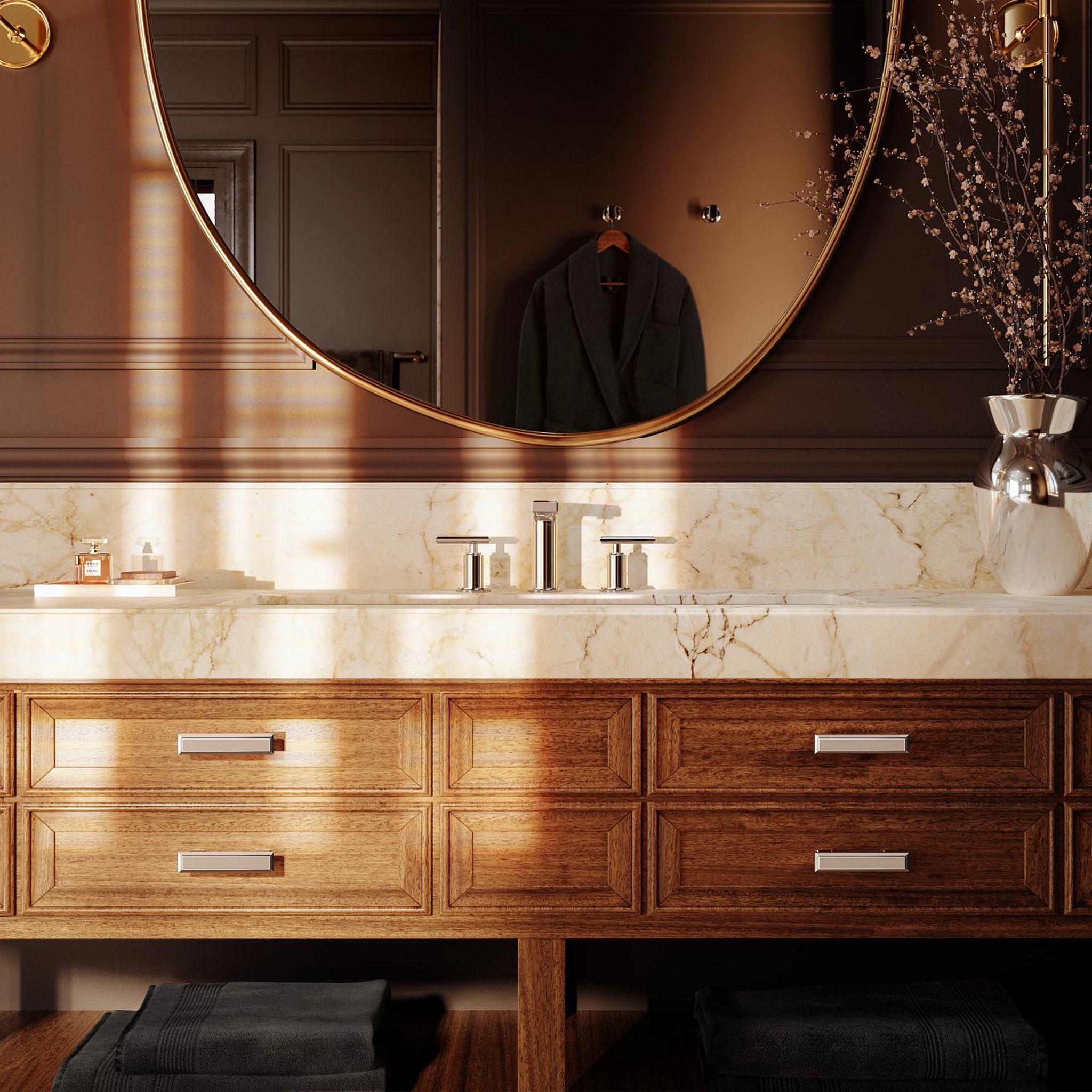 Front view of bathroom with Riobel's Manifesto Widespread Lavatory Faucet in Chrome with wood cabinetry and oval mirror. 