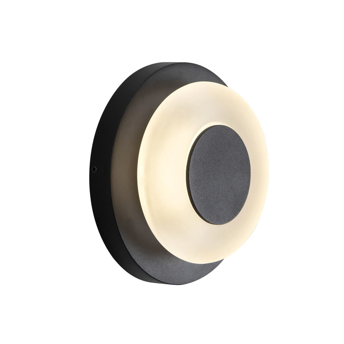 Angled view of Kuzco Stephord exterior wall sconce in black with frosted glass
