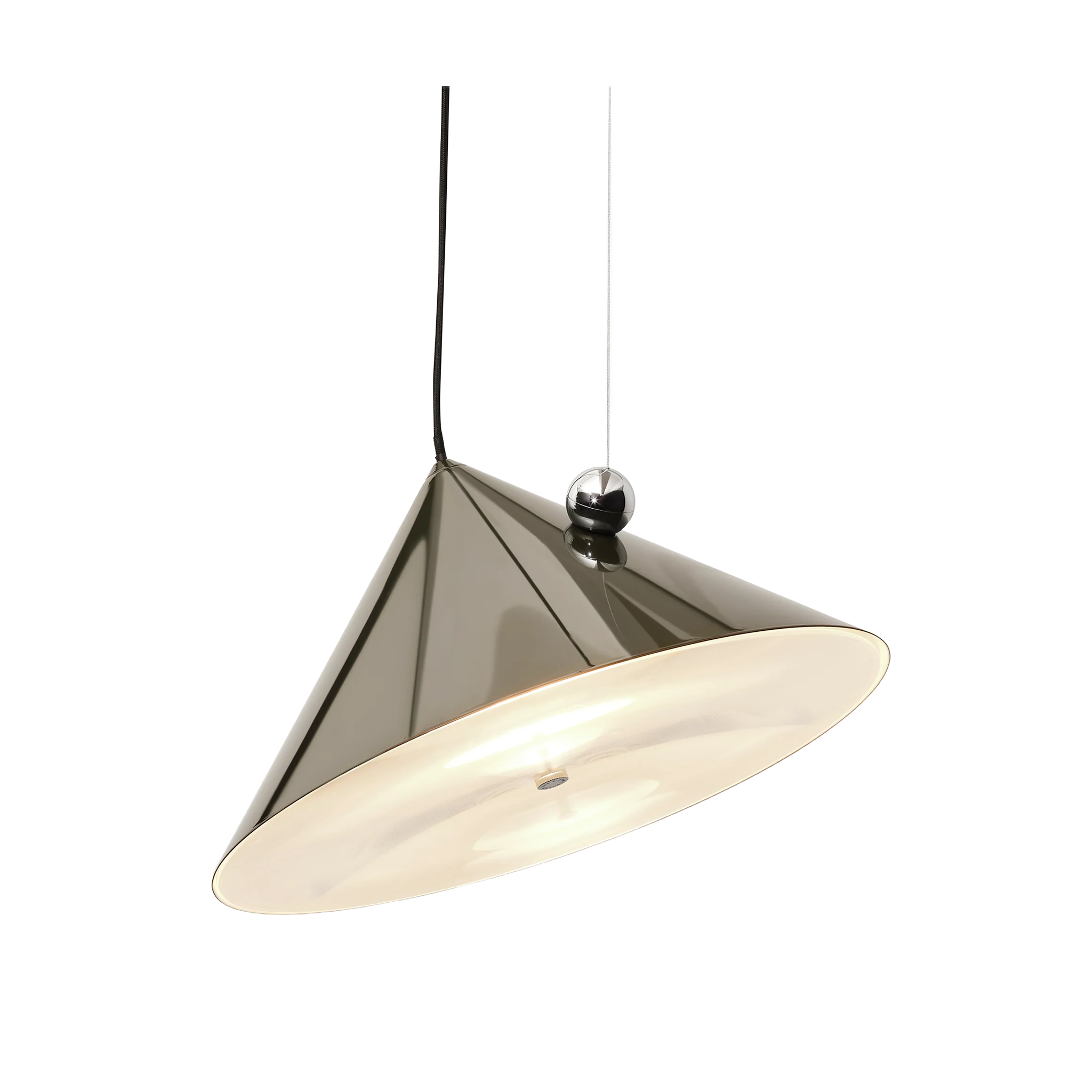 Pose Pendant by Tom Dixon - a large modern cone-shaped ceiling light with a dark metallic bronze exterior in Kelp