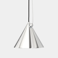 A modern cone-shaped Pose pendant light with a polished silver metallic finish, suspended by a black cord