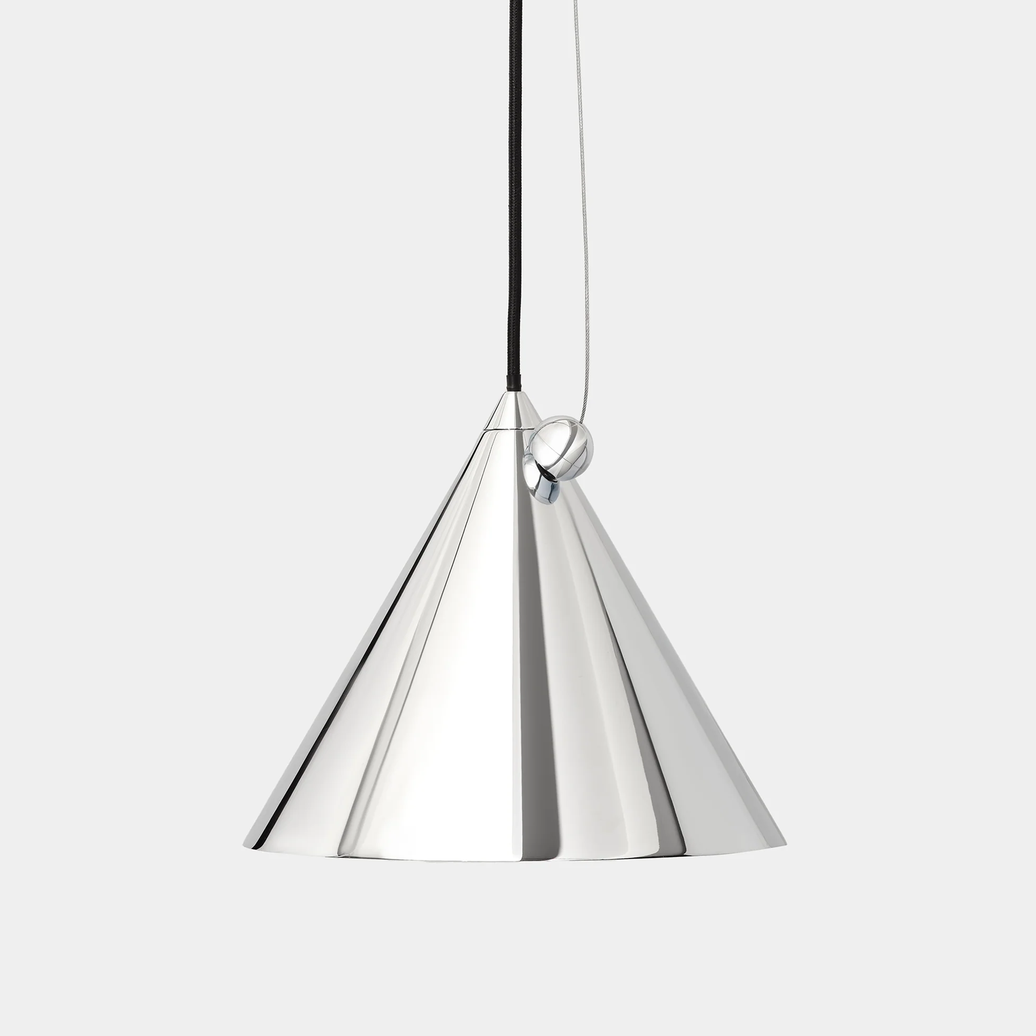 A modern cone-shaped Pose pendant light with a polished silver metallic finish, suspended by a black cord