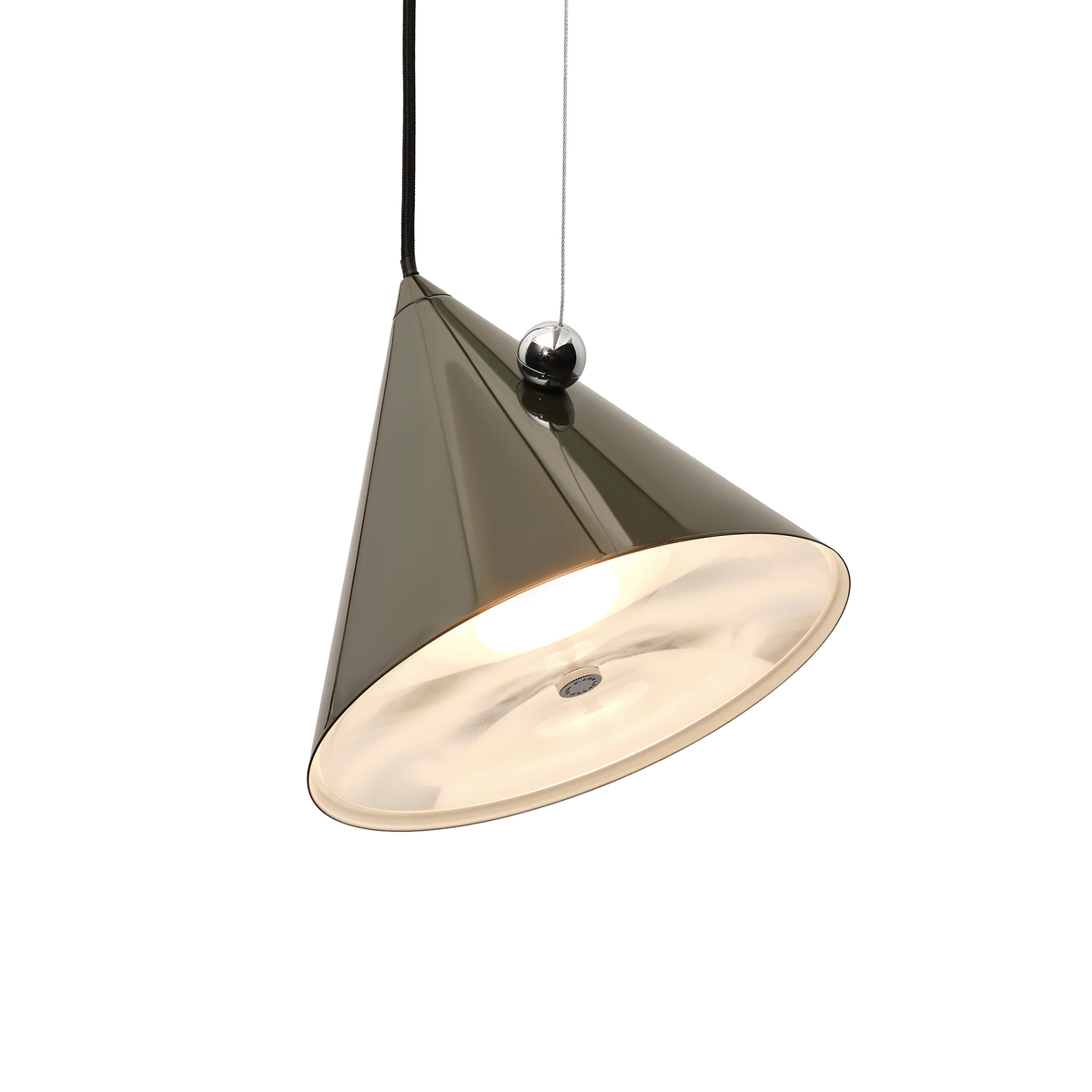 Pose Pendant by Tom Dixon - a modern cone-shaped ceiling light with a dark metallic bronze exterior