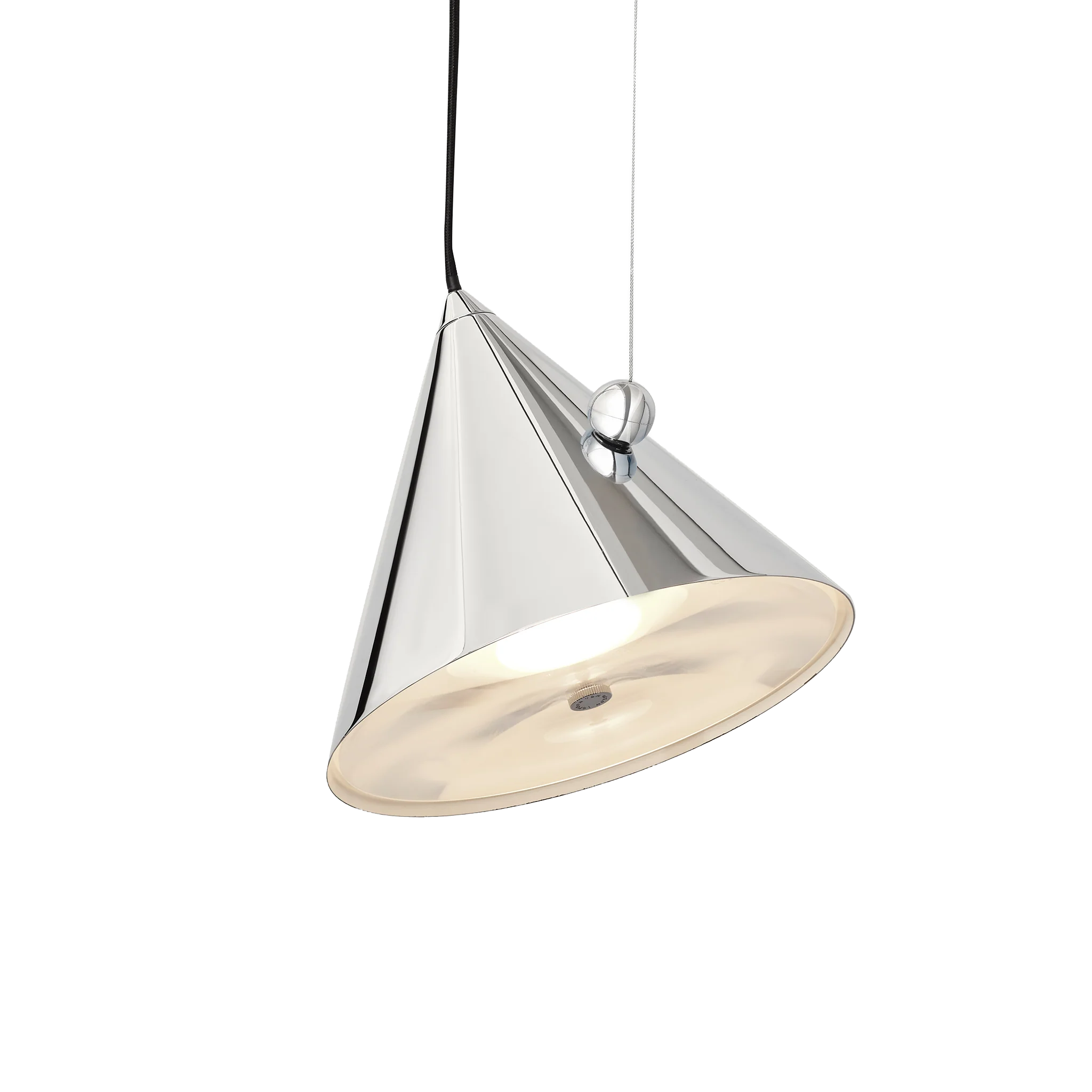 Pose Pendant by Tom Dixon - a modern cone-shaped ceiling light with a silver metallic exterior