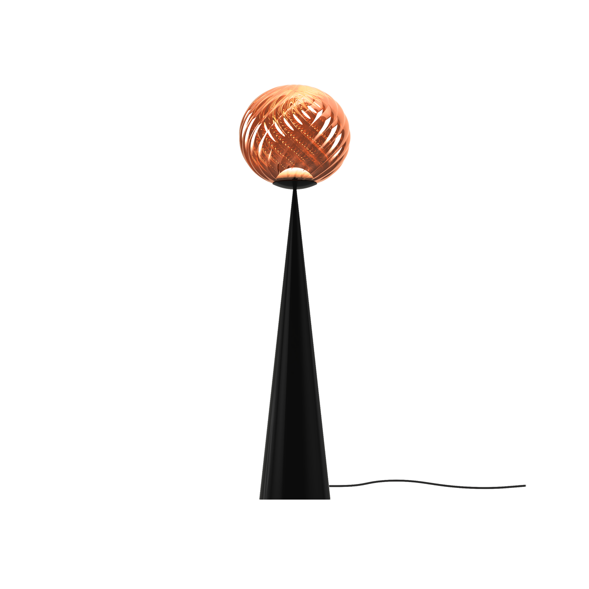 Tom Dixon Whirl Flat Cone Floor Lamp with copper finish and black base