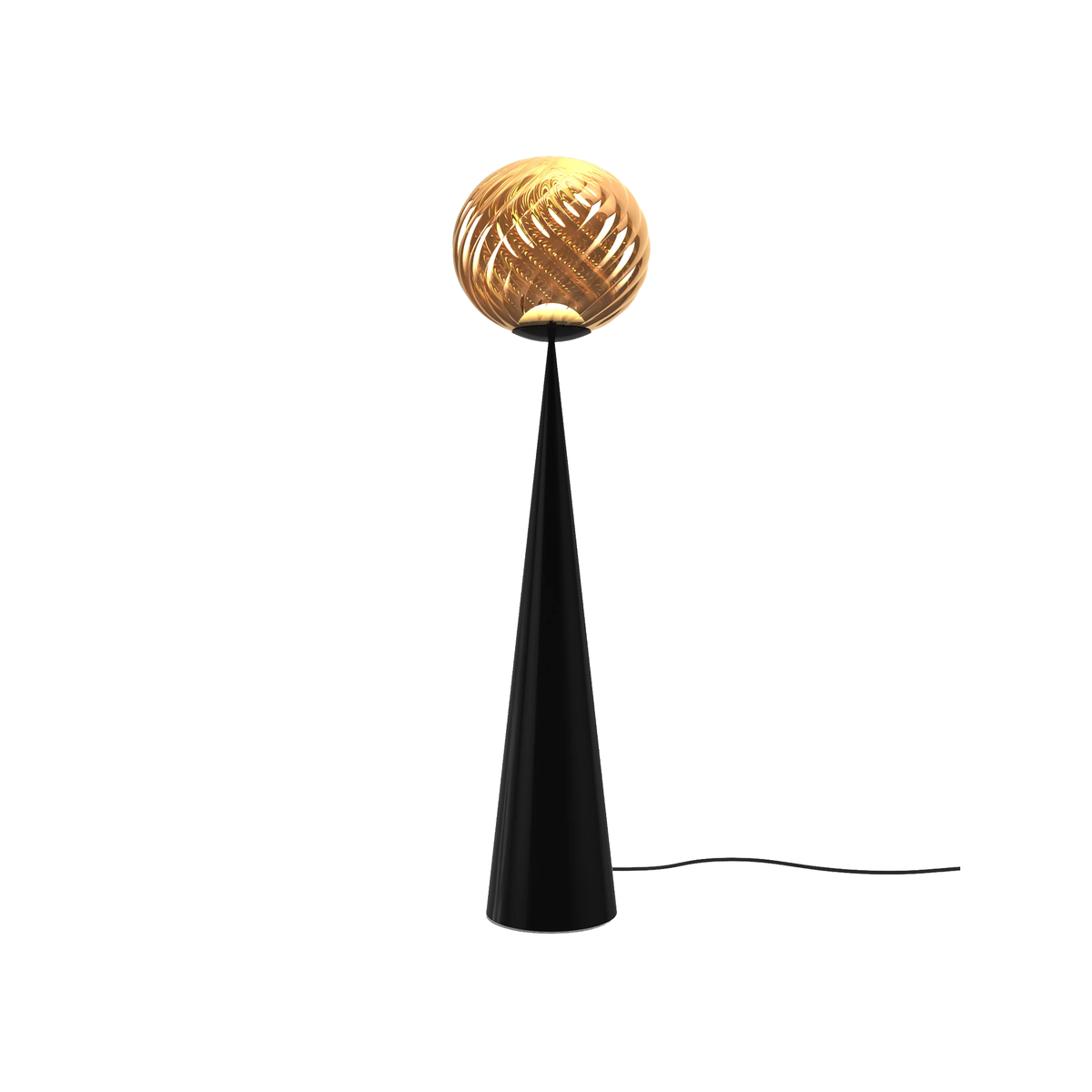 Tom Dixon Whirl Flat Cone Floor Lamp with black base and gold finish