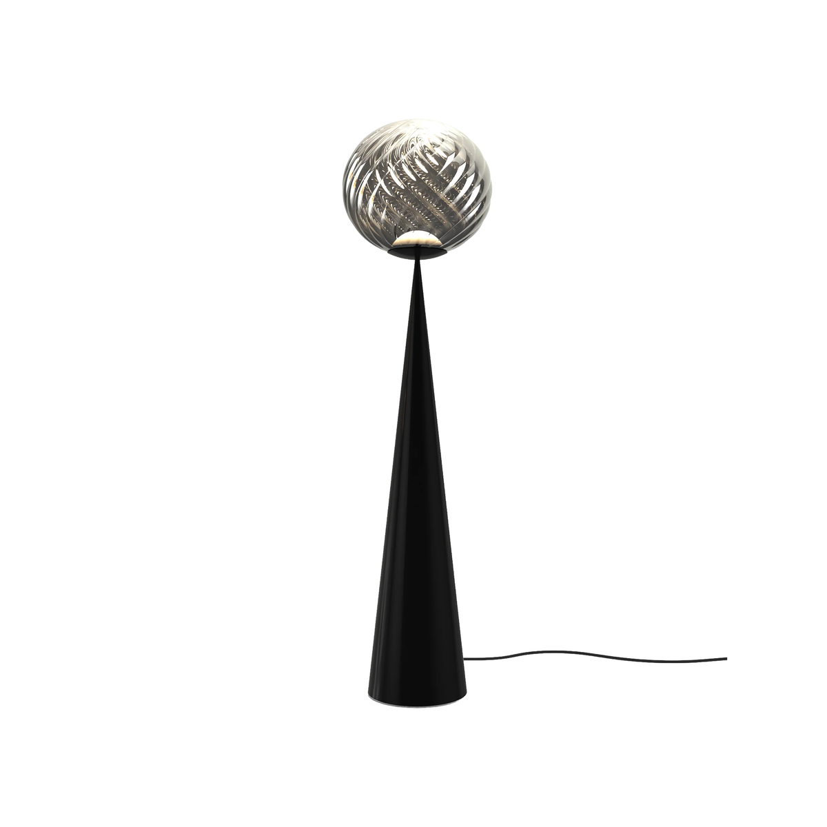 Tom Dixon Whirl Flat Cone Floor Lamp with black cone base and silver finish