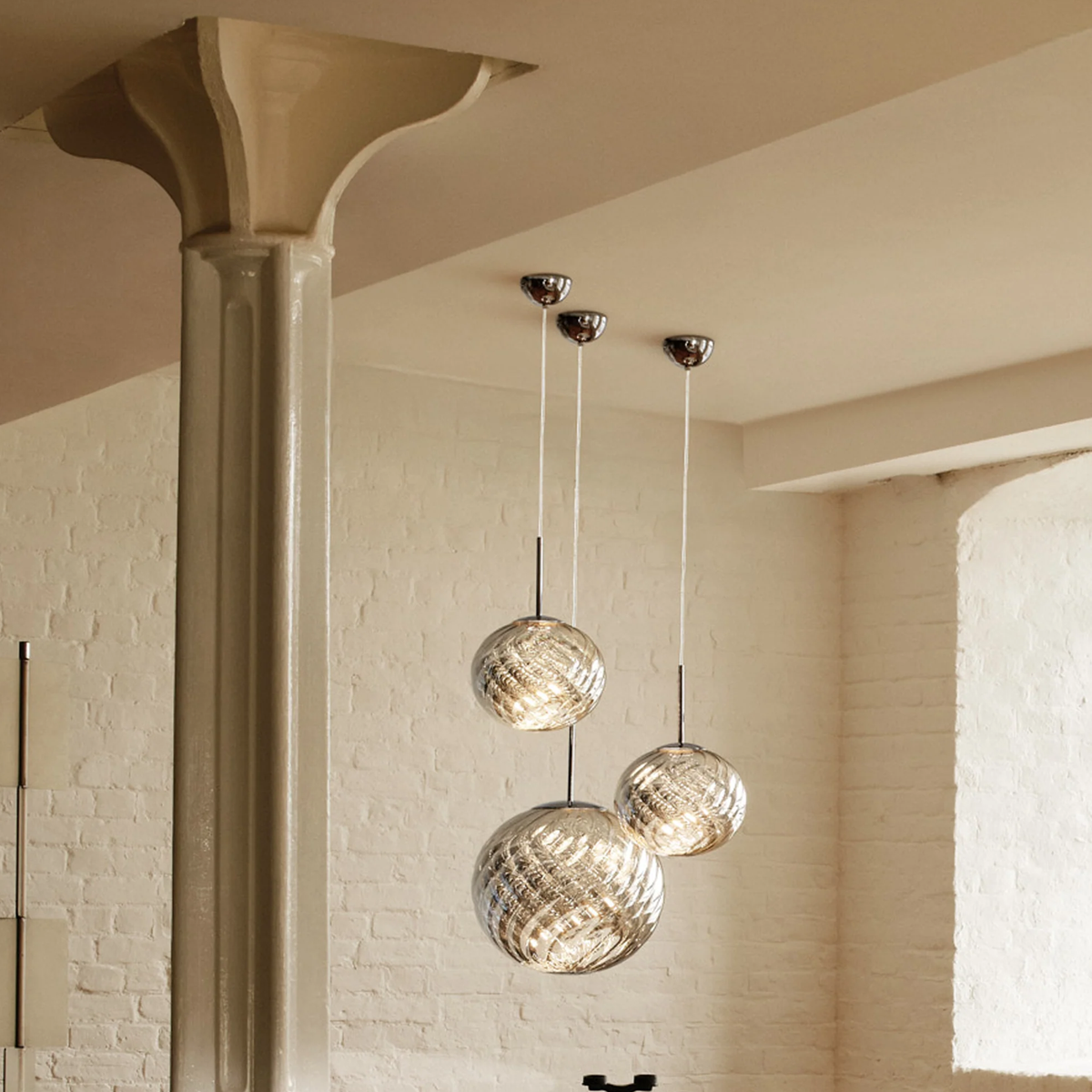 Trio of Tom Dixon WHIRL LED PENDANT  lights in silver finish