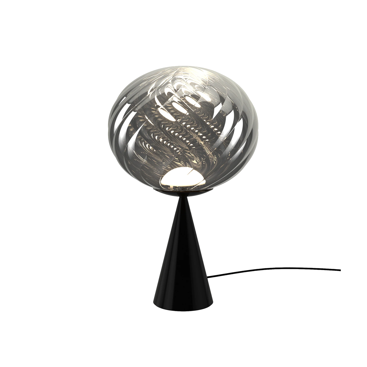 Tom Dixon Whirl Table Lamp with black conical base and silver finish