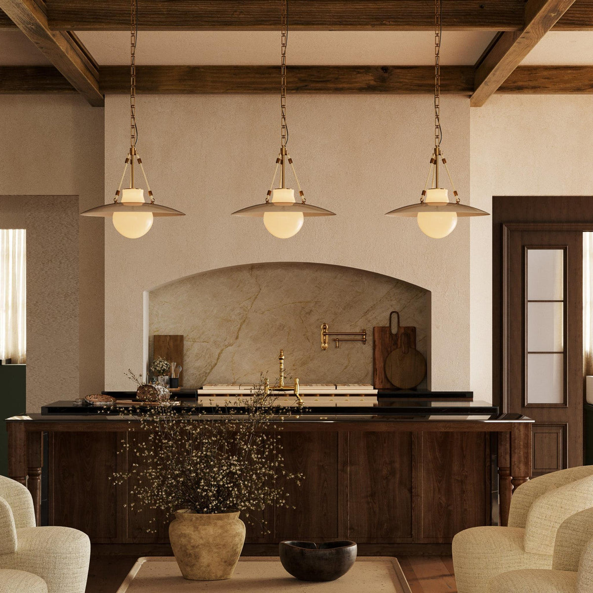Alora Waverly Pendant Light trio in vintage brass finish in contemporary kitchen