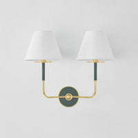 Hudson Valley Wedgewood wall sconce with dual white shades and soft studio green accents