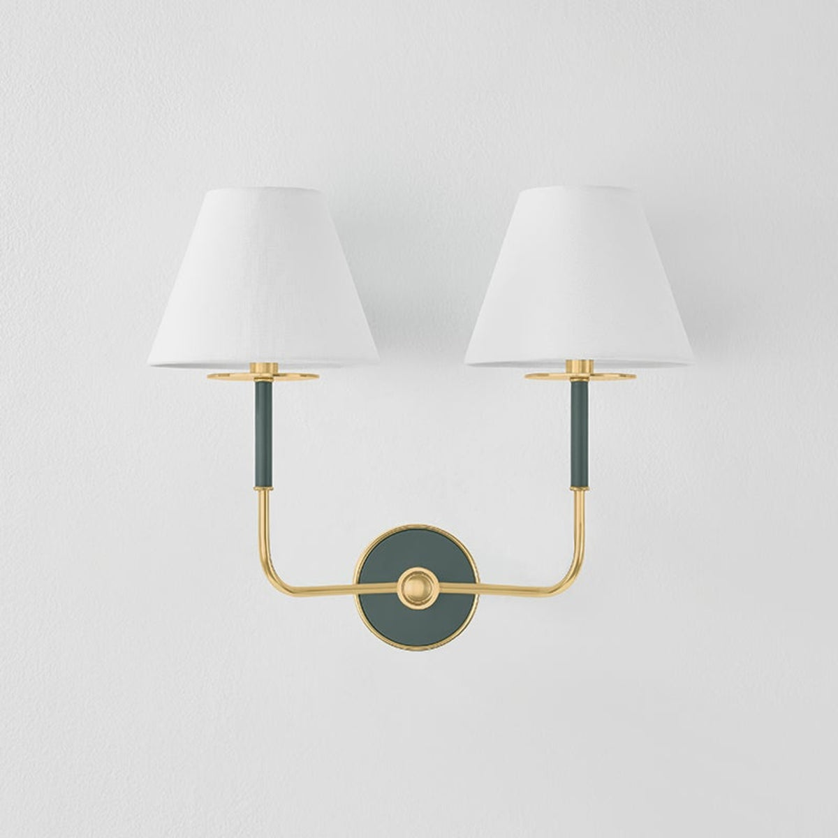 Hudson Valley Wedgewood wall sconce with dual white shades and soft studio green accents