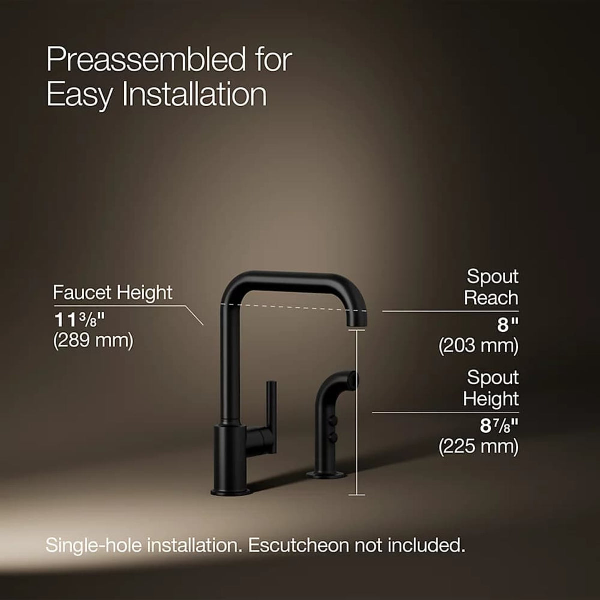 Kohler Purist two-hole kitchen sink faucet with matte black finish and matching sidespray