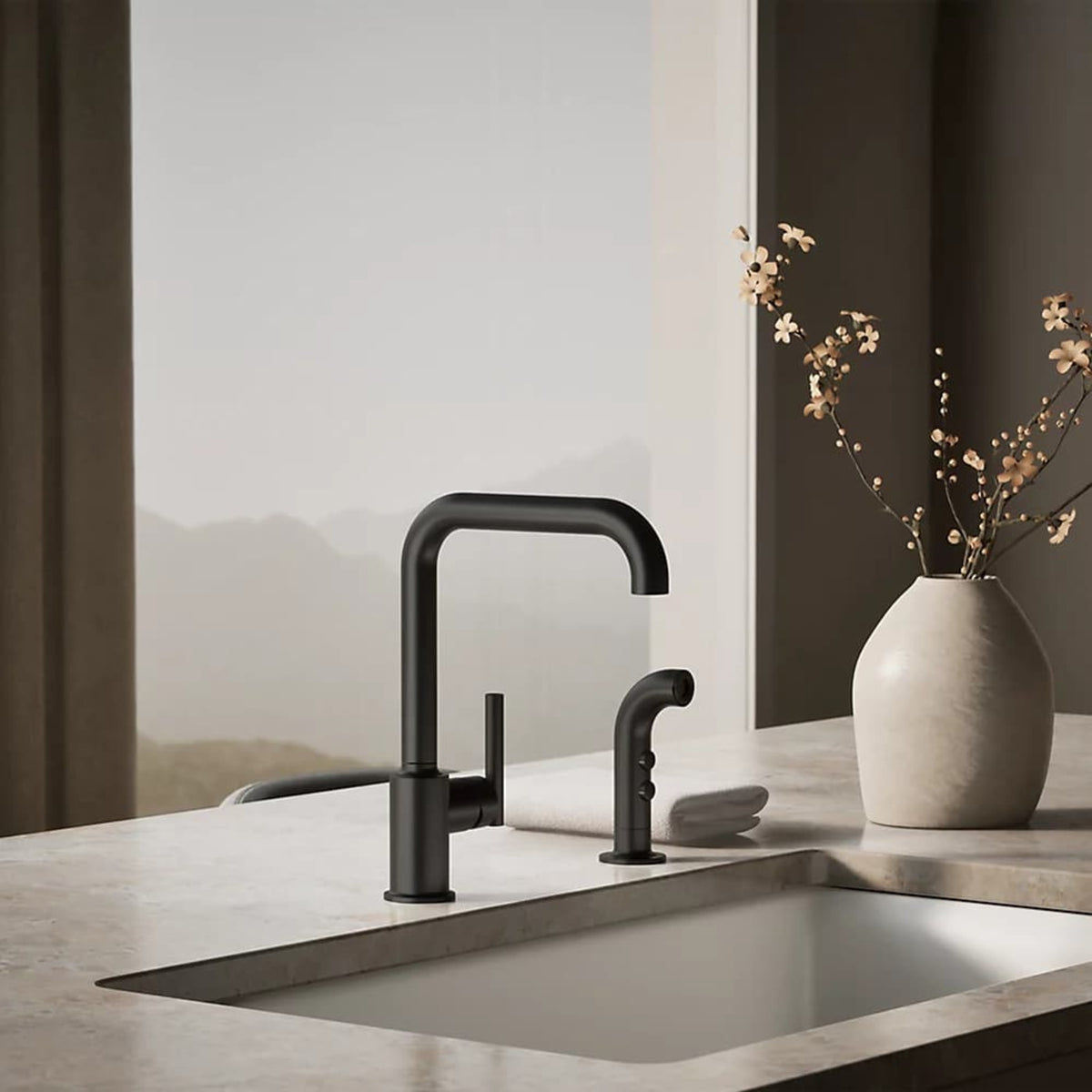 Kohler Purist two-hole kitchen sink faucet with 8-inch spout and matching matte black sidespray