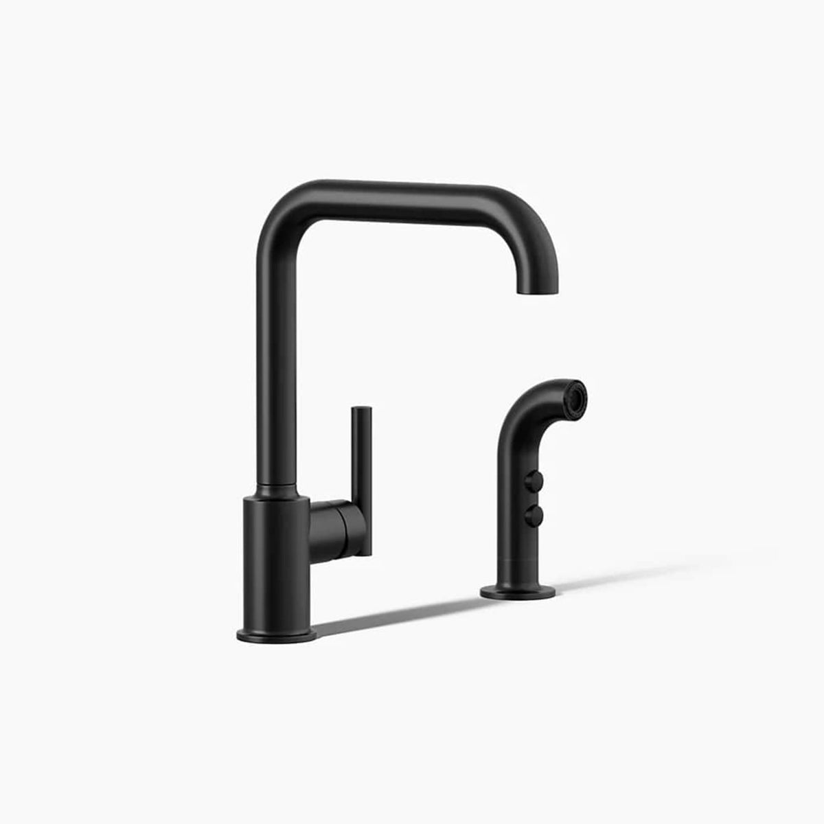 Kohler Purist two-hole kitchen sink faucet with matte black finish and sidespray
