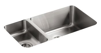 UNDERTONE® 31-1/2 X 18 X 9-3/4 INCHES UNDER-MOUNT HIGH/LOW DOUBLE-BOWL KITCHEN SINK, Stainless Steel, large