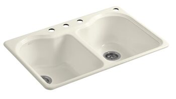 HARTLAND® 33 X 22 X 9-5/8 INCHES TOP-MOUNT DOUBLE-EQUAL KITCHEN SINK WITH 4 FAUCET HOLES, Biscuit, large