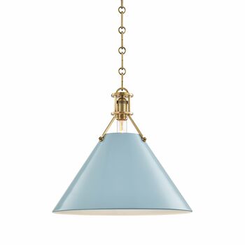 PAINTED NO.2 ONE LIGHT 16" PENDANT, Aged Brass / Blue Bird, large