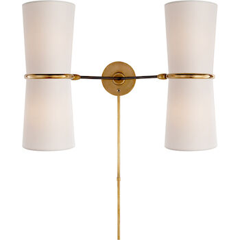 AERIN CLARKSON 4-LIGHT 22-INCH DOUBLE WALL SCONCE WITH LINEN SHADE, Black and Brass, large
