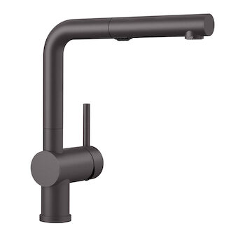 BLANCO LINUS LOW-ARC PULL-OUT DUAL SPRAY KITCHEN FAUCET, CINDER, large