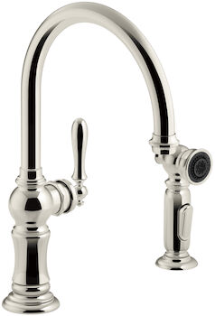 ARTIFACTS® 2-HOLE KITCHEN SINK FAUCET WITH 14-11/16-INCH SWING SPOUT AND MATCHING FINISH TWO-FUNCTION SIDE-SPRAY WITH SWEEP® AND BERRYSOFT® SPRAY, ARC SPOUT DESIGN, Vibrant Polished Nickel, large