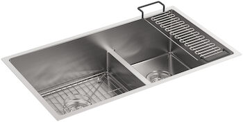 STRIVE® 32 X 18-5/16 X 9-5/16 INCHES SMART DIVIDE® UNDER-MOUNT LARGE/MEDIUM DOUBLE-BOWL KITCHEN SINK WITH SINK RACK, Stainless Steel, large