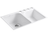 EXECUTIVE CHEF™ 33 X 22 X 10-5/8 INCHES UNDER-MOUNT LARGE/MEDIUM, HIGH/LOW DOUBLE-BOWL KITCHEN SINK WITH 4 OVERSIZE FAUCET HOLES, White, medium