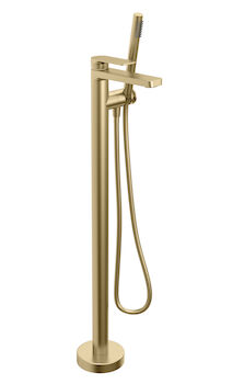 PETITE B04 FLOOR-MOUNTED TUB FILLER WITH HAND SHOWER, Satin Brass, large