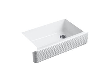 WHITEHAVEN® 35-11/16 X 21-9/16 X 9-5/8 INCHES UNDER-MOUNT SELF-TRIMMING® SINGLE-BOWL KITCHEN SINK WITH TALL APRON AND HAYRIDGE® DESIGN, White, large