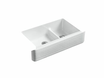 WHITEHAVEN® SELF-TRIMMING® SMART DIVIDE® 35-11/16 X 21-9/16 X 9-5/8 INCHES UNDER-MOUNT LARGE/MEDIUM DOUBLE-BOWL KITCHEN SINK WITH TALL APRON AND HAYRIDGE® DESIGN, White, large