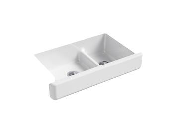 WHITEHAVEN® SELF-TRIMMING® SMART DIVIDE® 35-1/2 X 21-9/16 X 9-5/8 INCHES UNDER-MOUNT LARGE/MEDIUM DOUBLE-BOWL KITCHEN SINK WITH SHORT APRON, , large