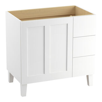 POPLIN® 36-INCH BATHROOM VANITY CABINET WITH LEGS, 1 DOOR AND 3 DRAWERS ON RIGHT, Linen White, large