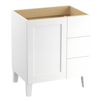 POPLIN® 30-INCH BATHROOM VANITY CABINET WITH LEGS, 1 DOOR AND 3 DRAWERS ON RIGHT, Linen White, large