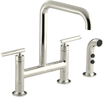 PURIST® TWO-HOLE DECK-MOUNT BRIDGE KITCHEN SINK FAUCET WITH 8-3/8-INCH SPOUT AND MATCHING FINISH SIDESPRAY, Vibrant Polished Nickel, large