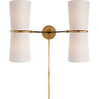 AERIN CLARKSON 4-LIGHT 22-INCH DOUBLE WALL SCONCE WITH LINEN SHADE, Black and Brass, medium