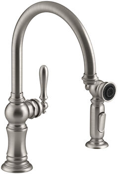 ARTIFACTS® 2-HOLE KITCHEN SINK FAUCET WITH 14-11/16-INCH SWING SPOUT AND MATCHING FINISH TWO-FUNCTION SIDE-SPRAY WITH SWEEP® AND BERRYSOFT® SPRAY, ARC SPOUT DESIGN, Vibrant Stainless, large