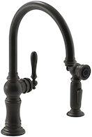 ARTIFACTS® 2-HOLE KITCHEN SINK FAUCET WITH 14-11/16-INCH SWING SPOUT AND MATCHING FINISH TWO-FUNCTION SIDE-SPRAY WITH SWEEP® AND BERRYSOFT® SPRAY, ARC SPOUT DESIGN, Oil-Rubbed Bronze, medium