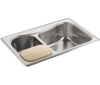 STACCATO™ 33 X 22 X 8-5/16 INCHES TOP-MOUNT LARGE/MEDIUM DOUBLE-BOWL KITCHEN SINK WITH SINGLE FAUCET HOLE, Stainless Steel, large