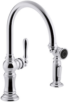 ARTIFACTS® 2-HOLE KITCHEN SINK FAUCET WITH 14-11/16-INCH SWING SPOUT AND MATCHING FINISH TWO-FUNCTION SIDE-SPRAY WITH SWEEP® AND BERRYSOFT® SPRAY, ARC SPOUT DESIGN, Polished Chrome, large